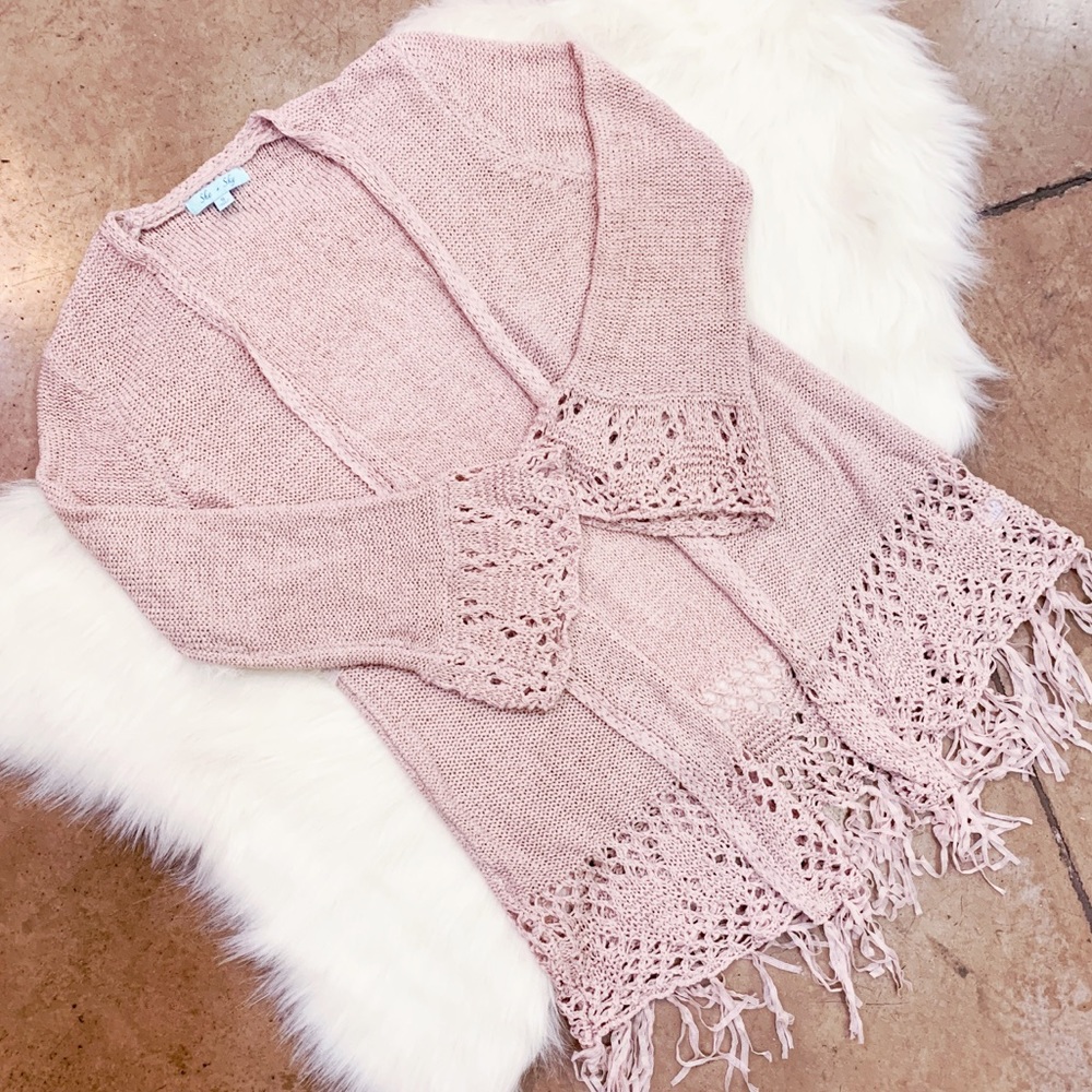 She + Sky Pink Fringe Cardigan, S